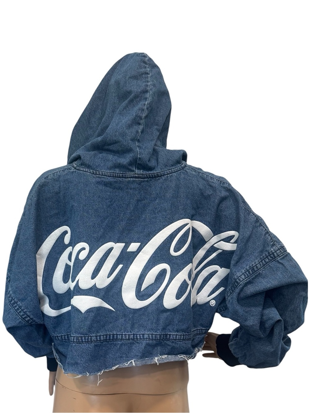 Coca-Cola By Spirit Jersey Denim Cropped Pull Over Hoodie Raw Hem Size S - Picture 3 of 10